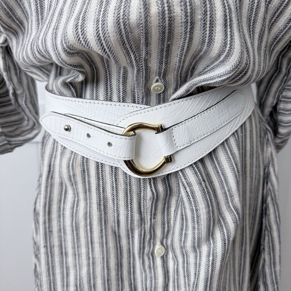 Vtg Calderon White Lizard Embossed Leather Contour Waist Belt Gold Horseshoe M